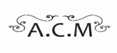 Logo A.C.M noir sur fond blanc orné de fioritures et d'arabesques élégantes.